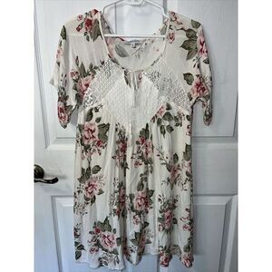 Purple Snow Rose Floral Ivory Boho Hippy Summer‎ Dress Size Large
